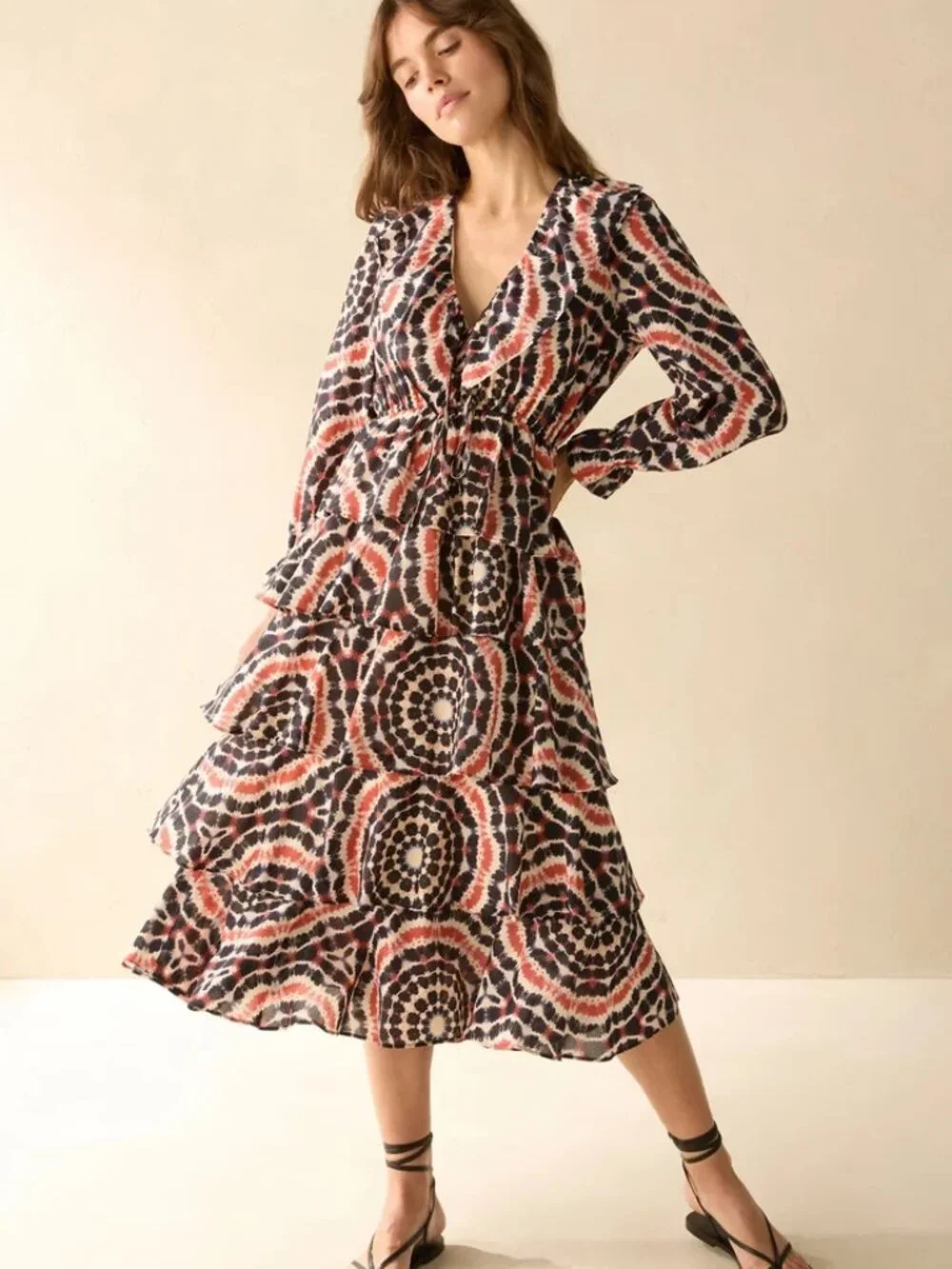 MARIE OLIVER Blythe Midi‎ Dress in Mandala Tie-Dye maxi Flowy tiered ruffles V